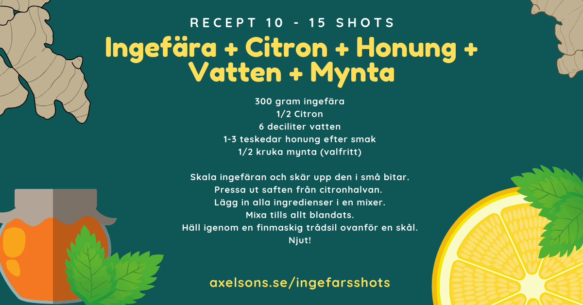 Ingefærshot oppskrift sitron, honning, vann og mynte Axelsons.se