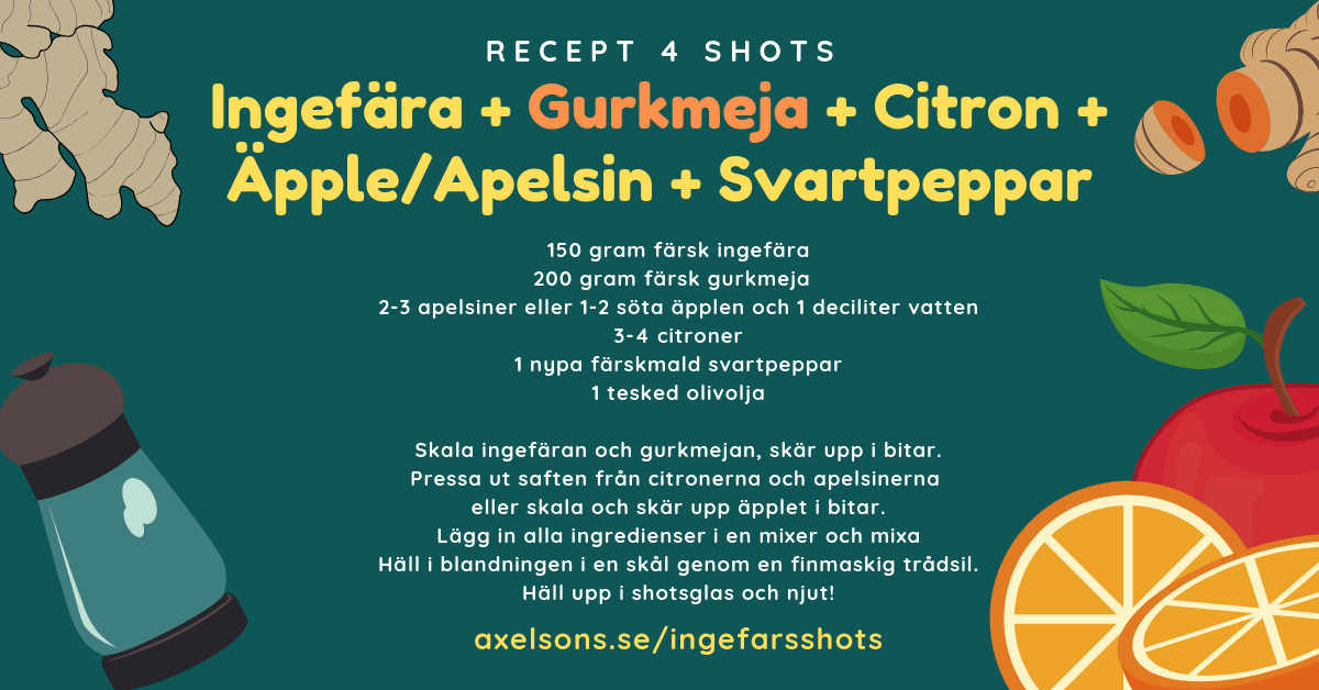 Ingefær, gurkemeie, sitron, eple, appelsin og sort pepper Axelsons ingefærshots